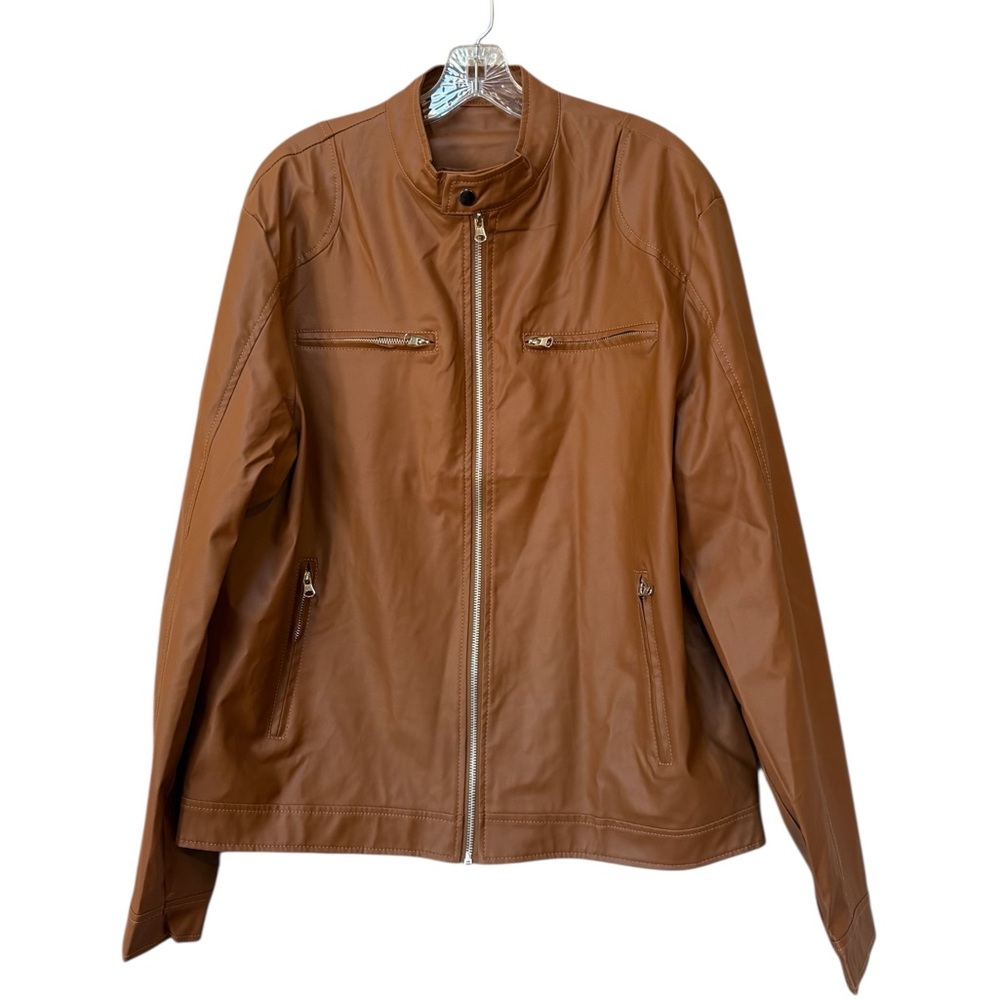 Men’s L Camel Faux Leather Moto Jacket Cafe Racer Y2K Fall Brown